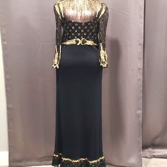 Prom Goth Unique Hollywood Retro Gown Black Gold Sequins Vintage 70s Med - Picture 1 of 12